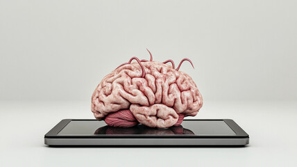 A decayed and rotten brain represented with worms, laying on a digital tablet, symbolizing mental fatigue and screen overuse