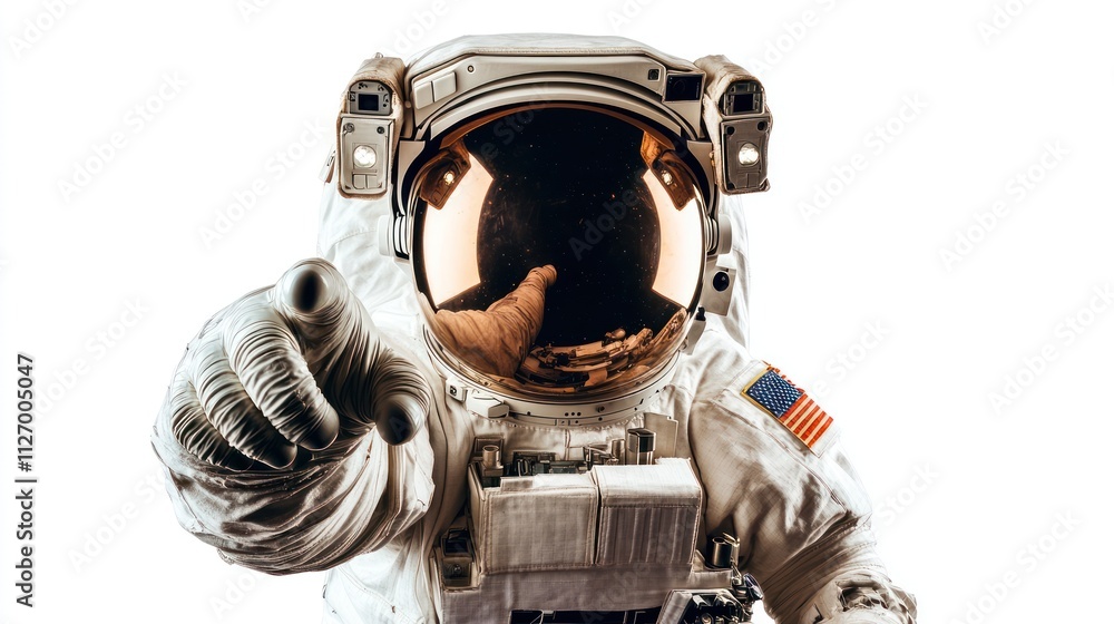 Poster an astronaut in a spacesuit points forward, reflecting a sense of exploration and discovery.