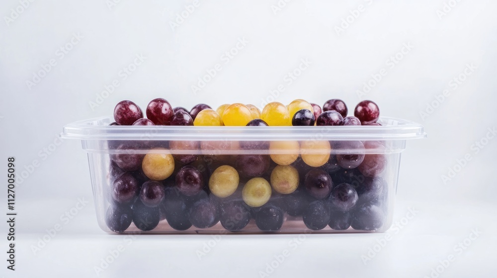 Poster a transparent container filled with assorted grapes in various colors.