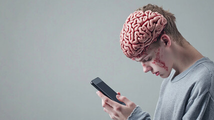 Symbolic image of technology dependence with exposed brain and smartphone use.