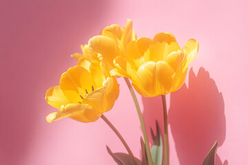 Three yellow open tulips on a pink wall background.