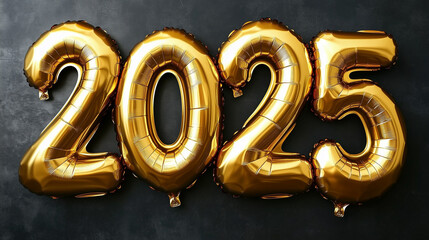 Golden “2025” foil balloons on a dark backdrop, a minimalist flat lay composition symbolizing the beginning of a new year. Perfect for New Year's Eve party invitations, social media posts, and celebra