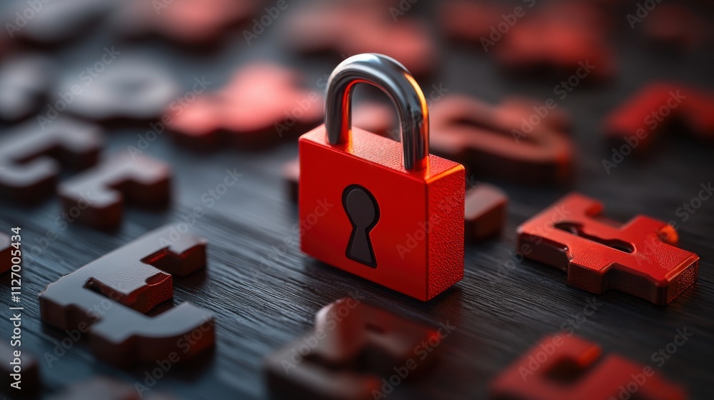 Poster red padlock on dark background surrounded by colorful letters representing security and protection c