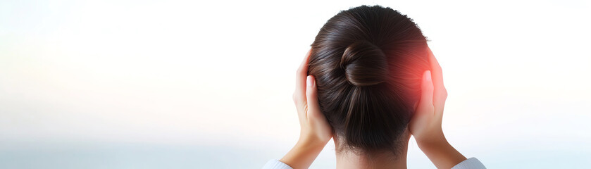 Naklejka premium Woman sitting quietly, holding her head, embracing serenity and introspection at sunrise on white background.