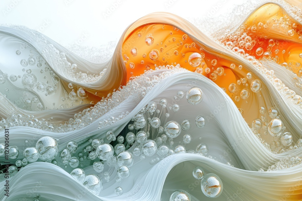 Poster abstract art depicting flowing, translucent waves with embedded bubbles, showcasing a blend of orang