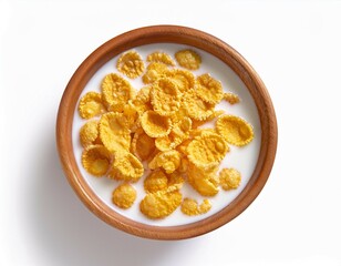 top view of corn flakes in milk bowl isolated on white background
