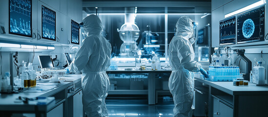 High-tech infectious disease lab with biohazard suits and advanced containment measures
