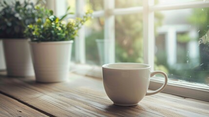 Obraz premium Minimalist morning scene with a cup of coffee by the window