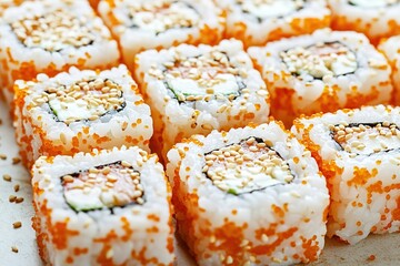 Close-up of fresh sushi rolls with sesame seeds