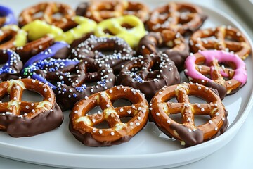 Colorful chocolate covered pretzels on plate