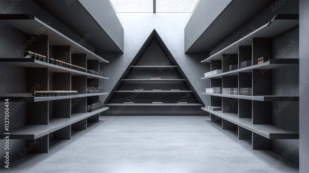 Poster minimalist triangular display racks in a modern store layout.
