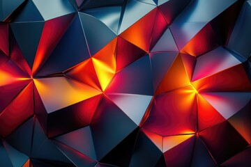 Fototapeta premium Abstract low-poly background with dark metallic triangles and vibrant orange and red highlights.