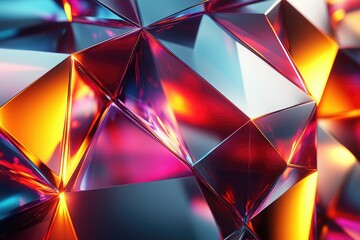 Abstract image of vibrant,faceted,geometric shapes in red, orange, and blue hues, reflecting light.