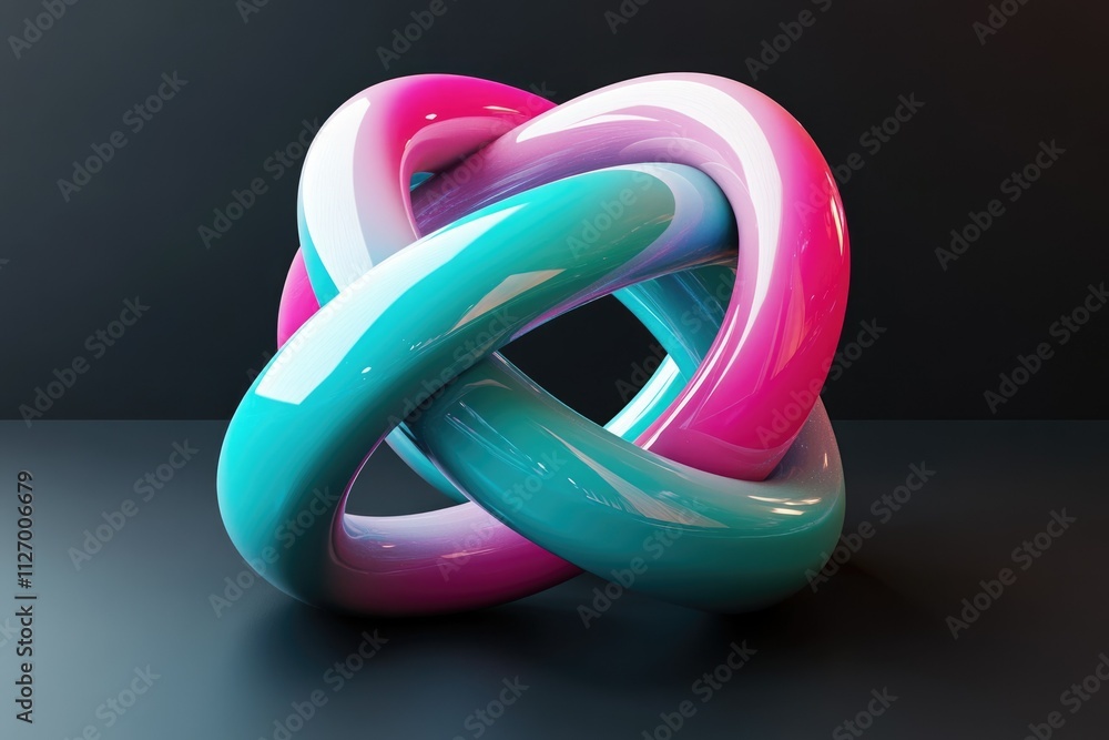 Poster abstract 3d rendering of a vibrant, interwoven knot in teal and pink, showcasing glossy textures and