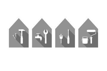 House and work tool icons. Home and tools icon set as repair, renovation, maintenance, facility management, building or home improvement concept.