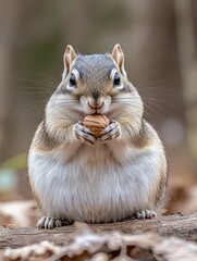 A cute chipmunk holding a nut while sitting on a log in a natural setting.