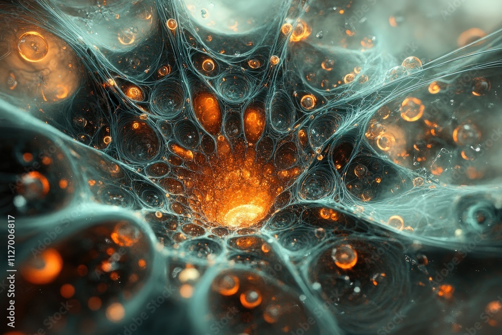 Aufkleber abstract fractal art depicting a swirling, ethereal nebula with glowing orbs and intricate web-like 