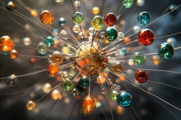 A vibrant, abstract art piece featuring colorful glass spheres interconnected by thin wires, resembling a complex network or molecular structure.