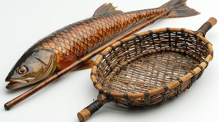 Obraz premium Realistic fish with shimmering scales next to a traditional woven basket on a white background