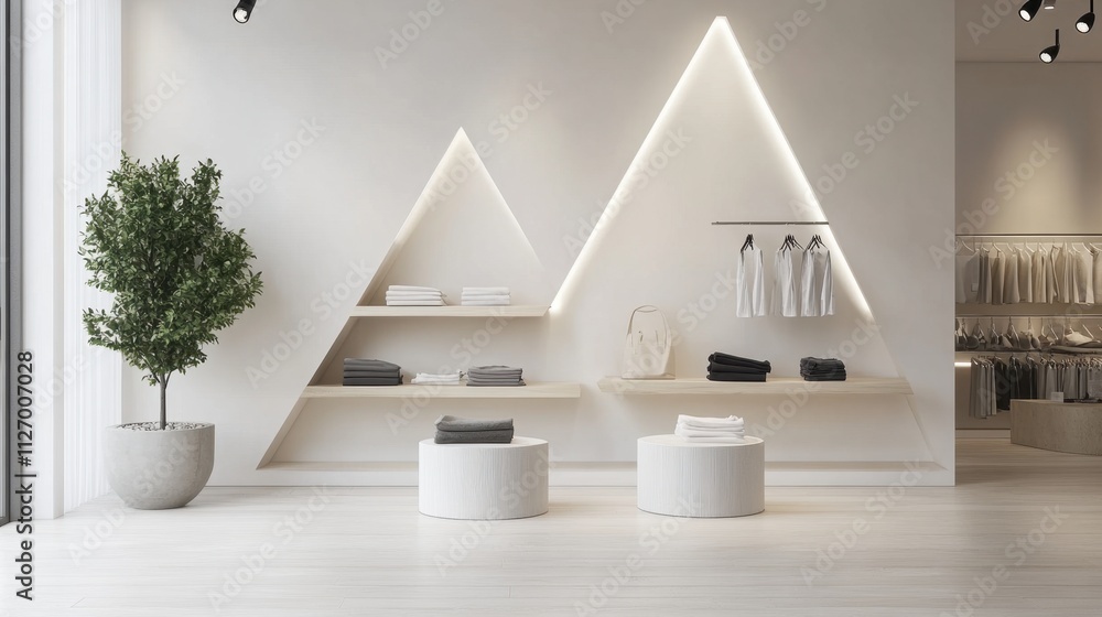 Poster minimalist triangular display racks in a modern store layout.
