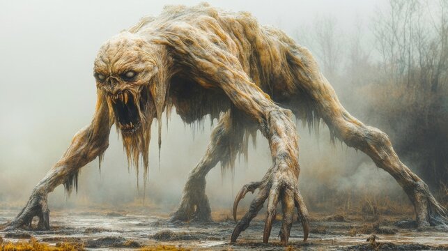 Creepy Mythical Creature in Misty Landscape. Generative AI