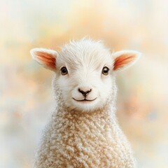 Fototapeta premium This watercolor illustration depicts a darling baby sheep with fluffy white wool and big, innocent eyes, standing against a soft, dreamy background
