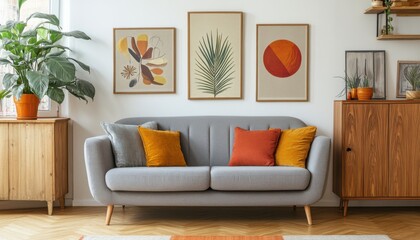 Modern Living Room Interior Design Grey Sofa Orange Pillows Plants