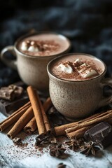 Fototapeta premium Cozy hot chocolate with marshmallows and cinnamon sticks