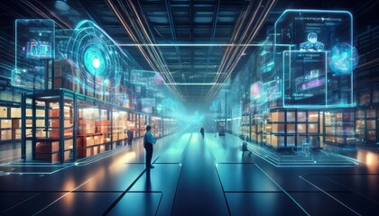 exploring innovative technology in a bustling warehouse filled with holographic displays