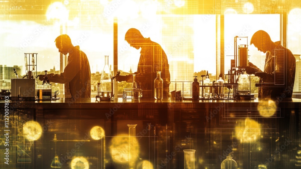 Poster scientists conducting experiments in a laboratory with a warm, illuminated background.