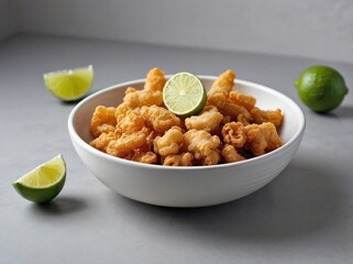Chicharrones in a Small Dish with Lime Wedge