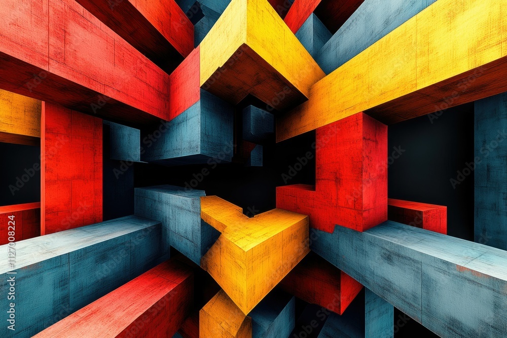 Poster abstract 3d rendering of intersecting concrete blocks in red, yellow, and blue.