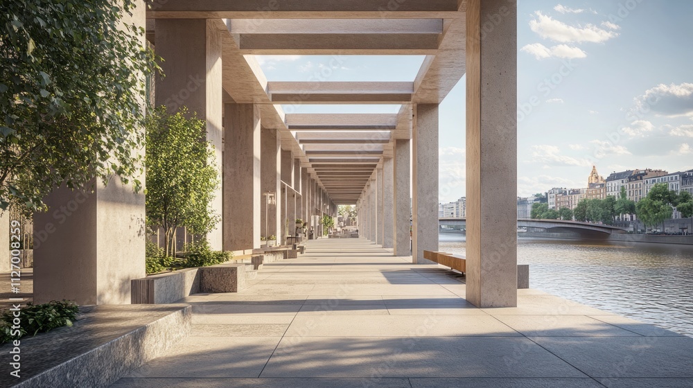 Poster a serene riverside walkway lined with concrete columns and greenery.
