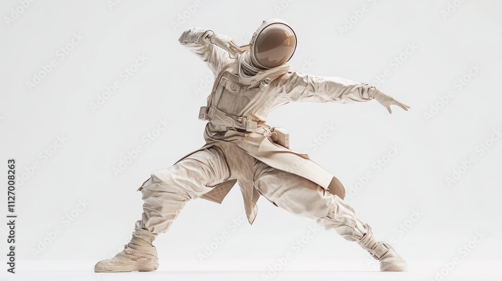 Poster a stylized astronaut figure posed dynamically against a minimalist background.