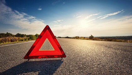 red emergency warning triangle on empty road signaling danger car trouble roadside assistance