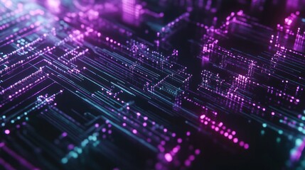 Obraz premium A vibrant digital circuit board design with glowing lines and nodes in purple and blue hues.