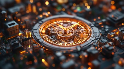 A close-up of a watch with intricate details, surrounded by glowing elements, showcasing a blend of technology and elegance.