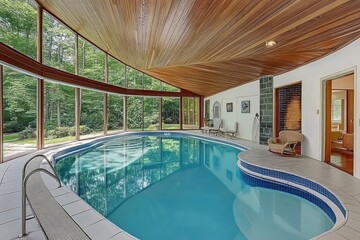 Obraz premium A serene indoor swimming pool surrounded by large windows and natural light.