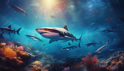 Fototapeta premium a serene underwater scene featuring various sharks swimming in illuminated depths