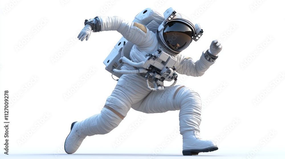 Poster an astronaut in a spacesuit appears to be running energetically.