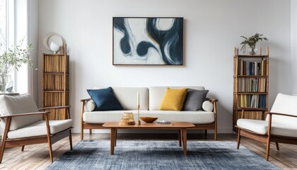 Modern Living Room Interior Design Sofa Chairs Artwork Bookshelves