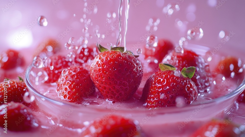 Poster fresh strawberries splashing in water, creating a refreshing and vibrant scene.