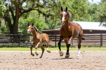 A mare and her foal joyfully running in a sandy arena under a sunny sky.
