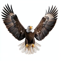 Obraz premium A majestic eagle with outstretched wings, showcasing its powerful presence and detailed feather patterns against a plain background.