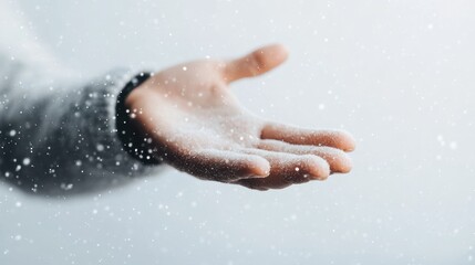 Fototapeta premium A hand reaching out, catching falling snowflakes in a serene winter setting, evoking feelings of calmness and wonder.