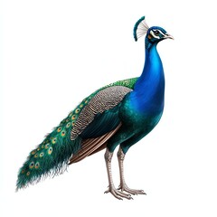 Fototapeta premium A vibrant, colorful peacock stands elegantly with its iridescent feathers fanned out, showcasing intricate patterns and a stunning array of blue and green hues.