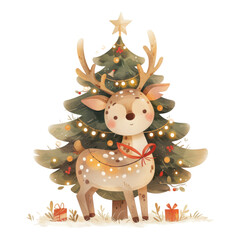 Fototapeta premium A whimsical reindeer adorned with a bow stands beside a decorated Christmas tree, illuminated with lights and surrounded by festive gifts.