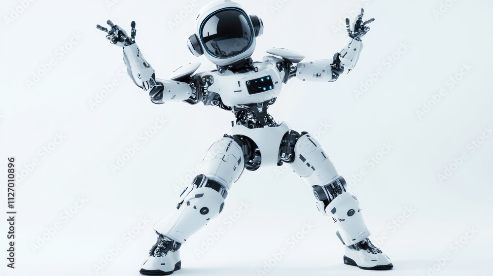 Poster a humanoid robot striking a dynamic pose, showcasing advanced robotics and design.