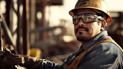 Diligent Hispanic Construction Worker Operating Machinery in Busy Construction Site Surrounded by Steel Beams and Materials