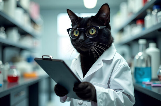 Black cat wearing lab coat holding clipboard in laboratory, science